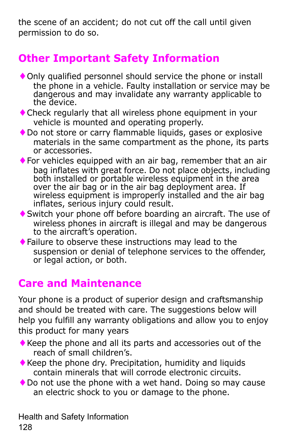 Other important safety information, Care and maintenance | Samsung SGH-C225NBATMB User Manual | Page 128 / 162