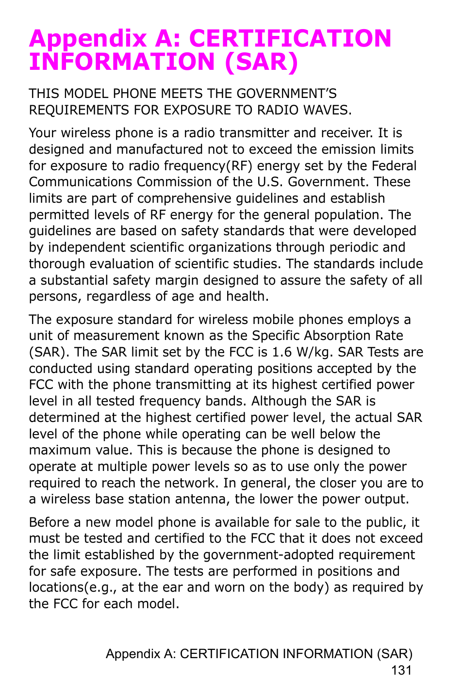 Appendix a: certification information (sar) | Samsung SGH-C225NBATMB User Manual | Page 131 / 162