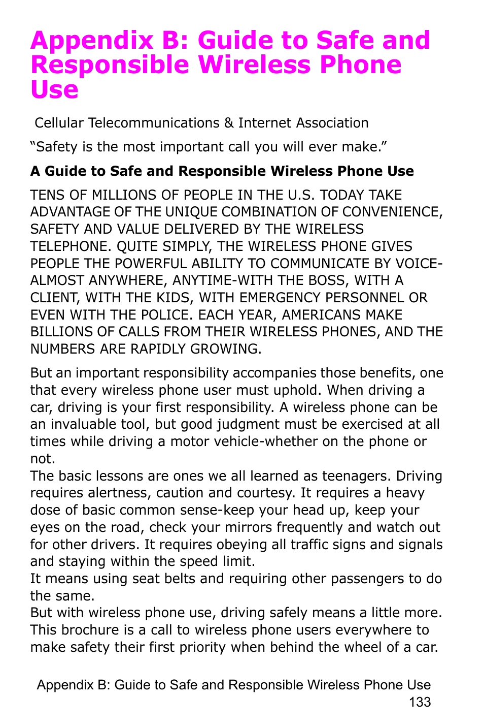 Appendix b: guide to safe and responsible, Wireless phone use | Samsung SGH-C225NBATMB User Manual | Page 133 / 162