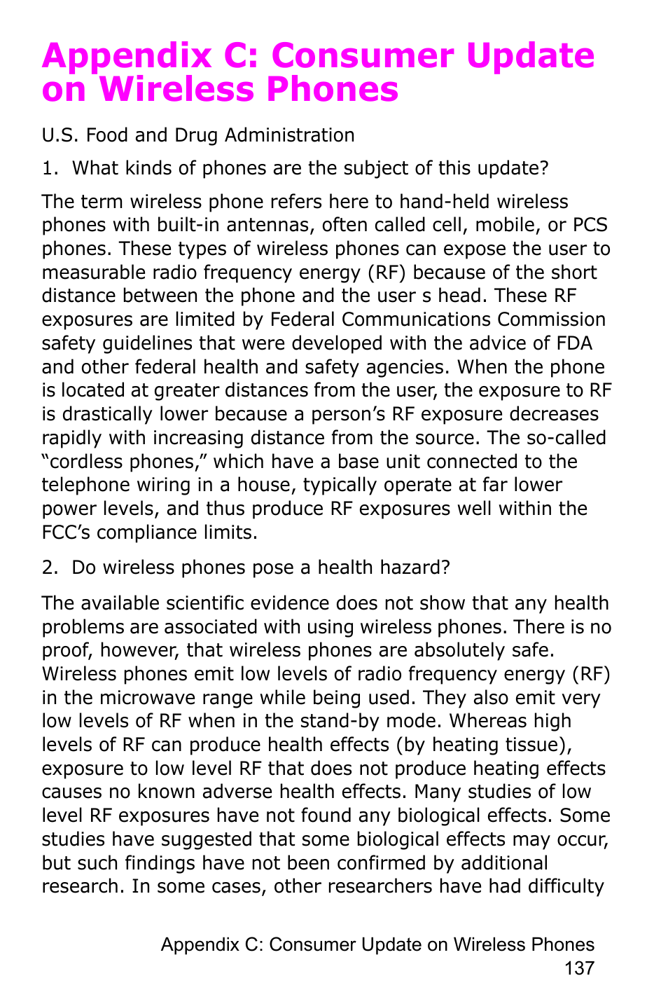Appendix c: consumer update on wireless phones, Do wireless phones pose a health hazard | Samsung SGH-C225NBATMB User Manual | Page 137 / 162