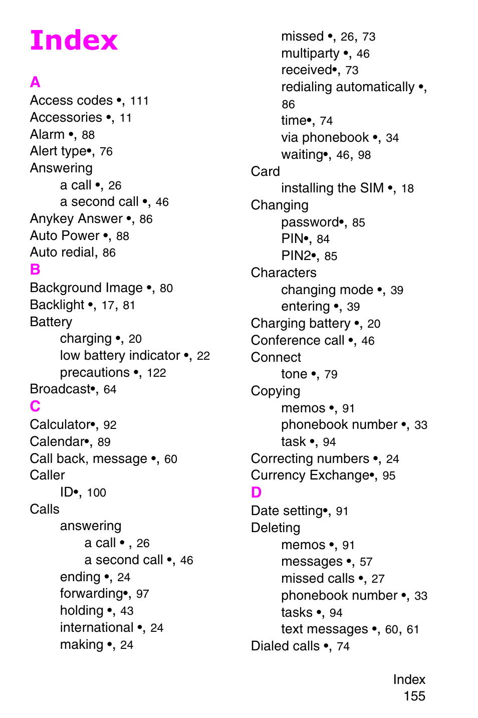 Index | Samsung SGH-C225NBATMB User Manual | Page 155 / 162