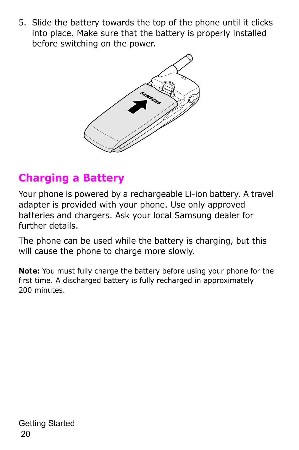 Charging a battery | Samsung SGH-C225NBATMB User Manual | Page 20 / 162