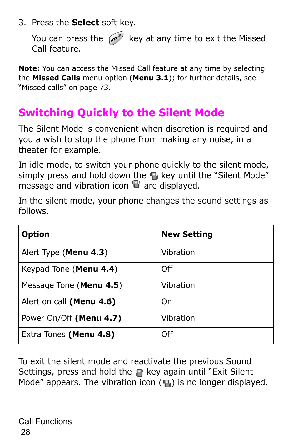 Press the select soft key, Switching quickly to the silent mode | Samsung SGH-C225NBATMB User Manual | Page 28 / 162