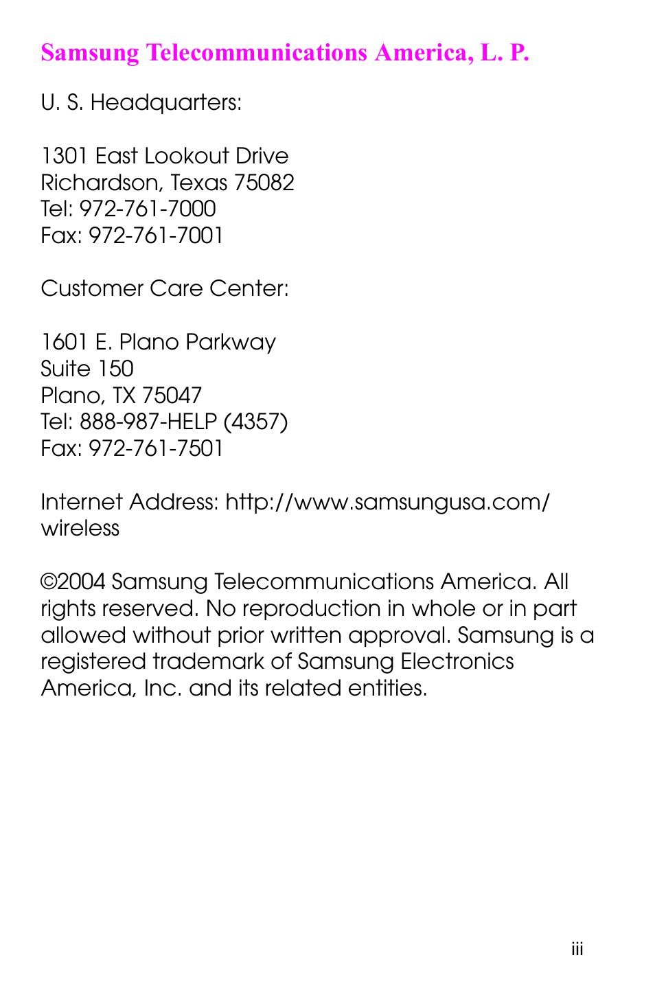 Samsung telecommunications america, l. p | Samsung SGH-C225NBATMB User Manual | Page 3 / 162