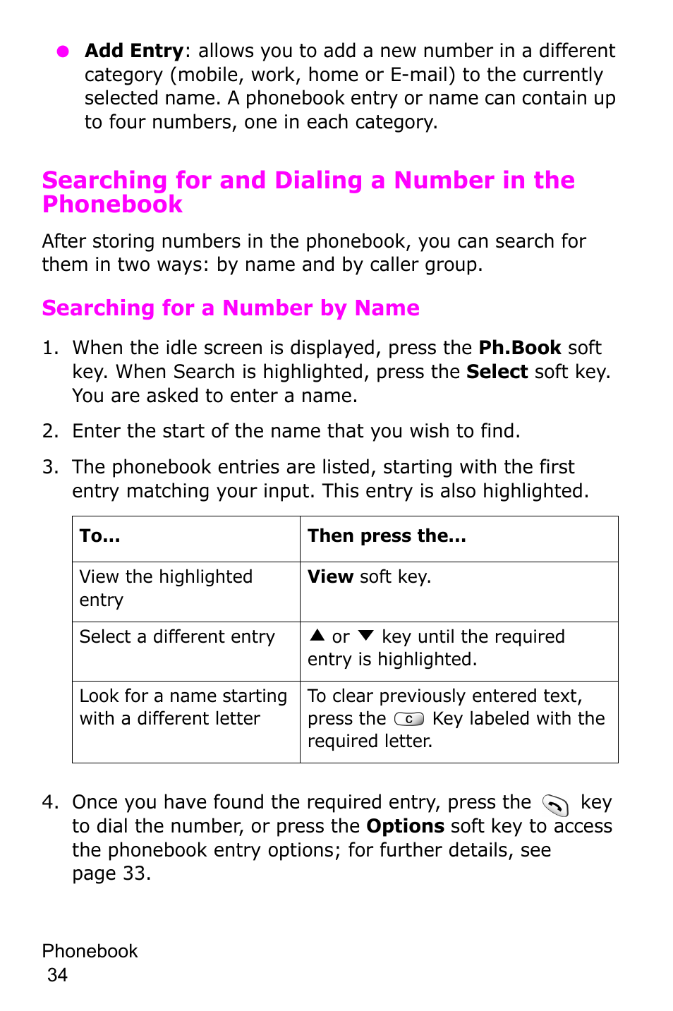 Enter the start of the name that you wish to find, Searching for a number by name | Samsung SGH-C225NBATMB User Manual | Page 34 / 162