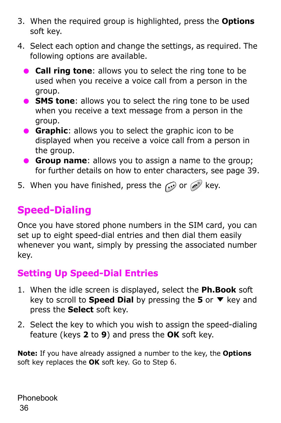 When you have finished, press the or key, Speed-dialing, Setting up speed-dial entries | Samsung SGH-C225NBATMB User Manual | Page 36 / 162
