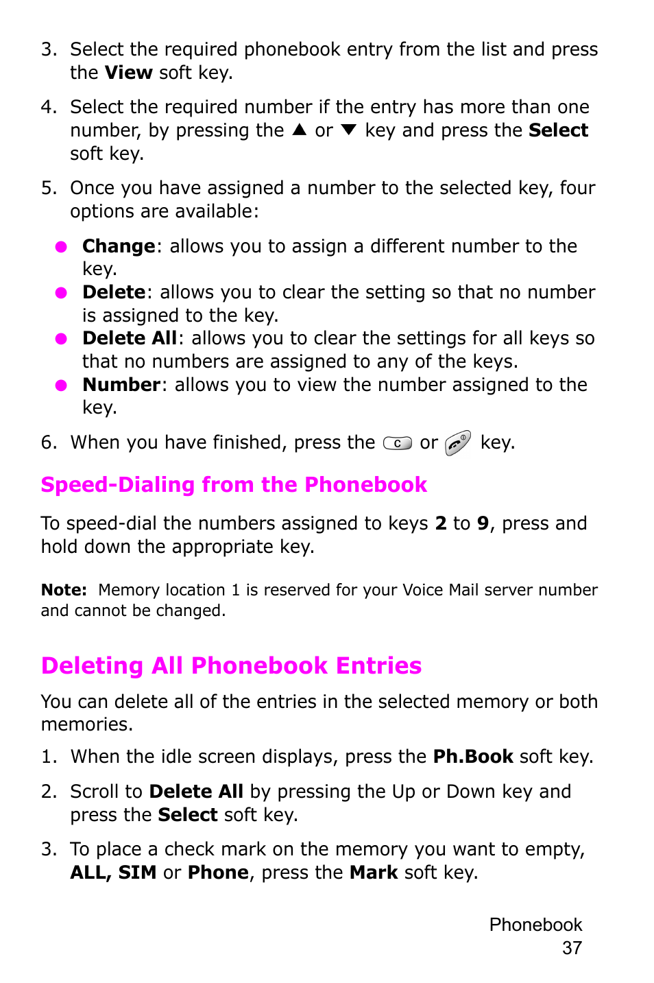 When you have finished, press the or key, Deleting all phonebook entries, Speed-dialing from the phonebook | Samsung SGH-C225NBATMB User Manual | Page 37 / 162