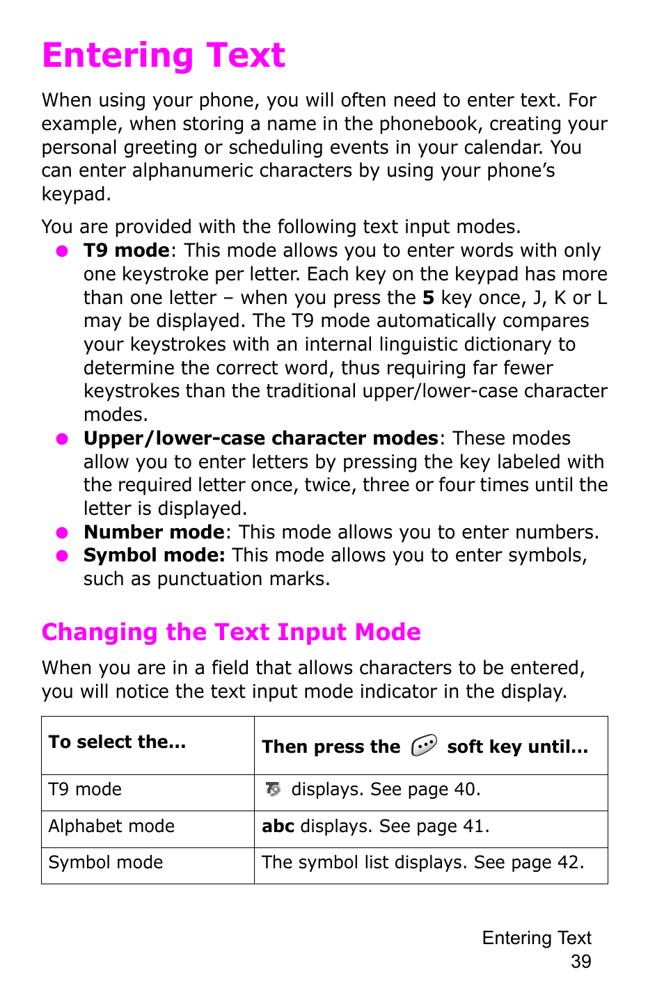 Entering text, Changing the text input mode | Samsung SGH-C225NBATMB User Manual | Page 39 / 162