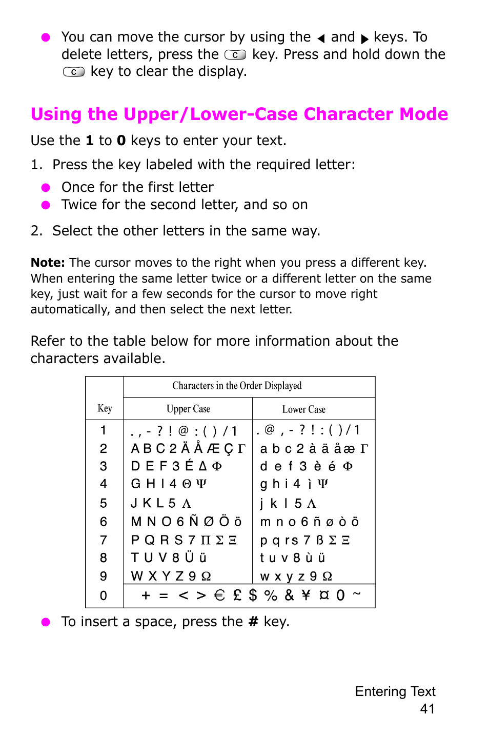 Using the upper/lower-case character mode, Press the key labeled with the required letter, Select the other letters in the same way | Samsung SGH-C225NBATMB User Manual | Page 41 / 162
