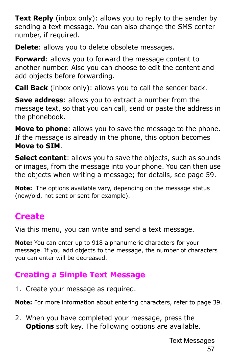 Create, Create your message as required, Creating a simple text message | Samsung SGH-C225NBATMB User Manual | Page 57 / 162