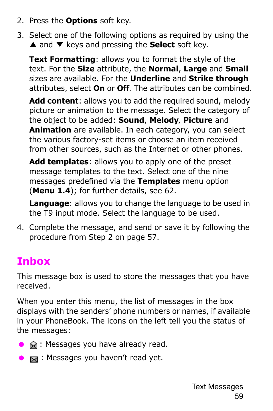Press the options soft key, Inbox | Samsung SGH-C225NBATMB User Manual | Page 59 / 162