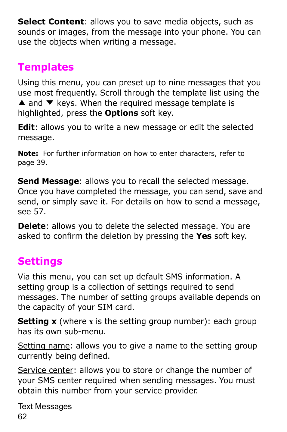 Templates, Settings | Samsung SGH-C225NBATMB User Manual | Page 62 / 162