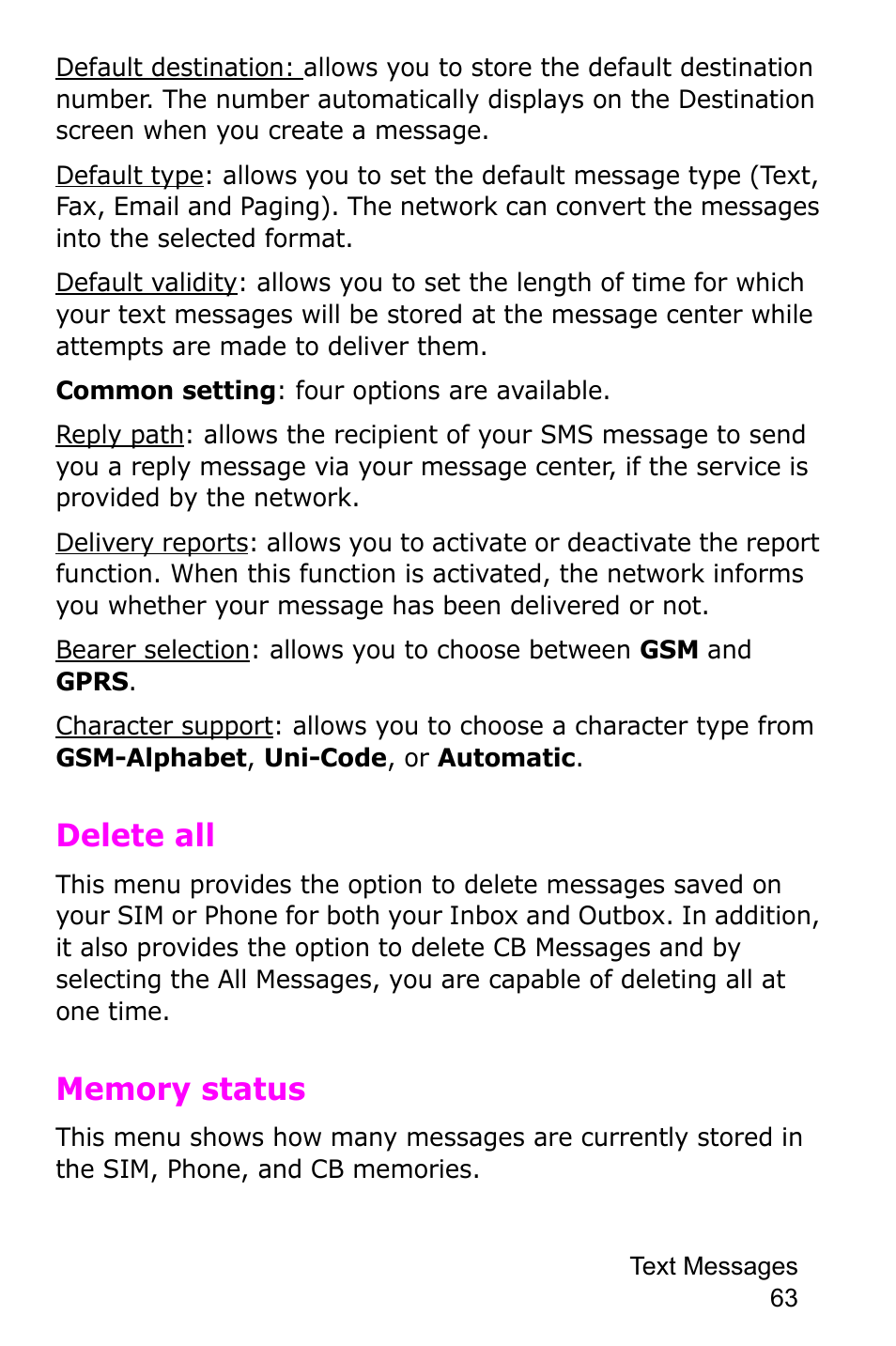 Delete all, Memory status | Samsung SGH-C225NBATMB User Manual | Page 63 / 162