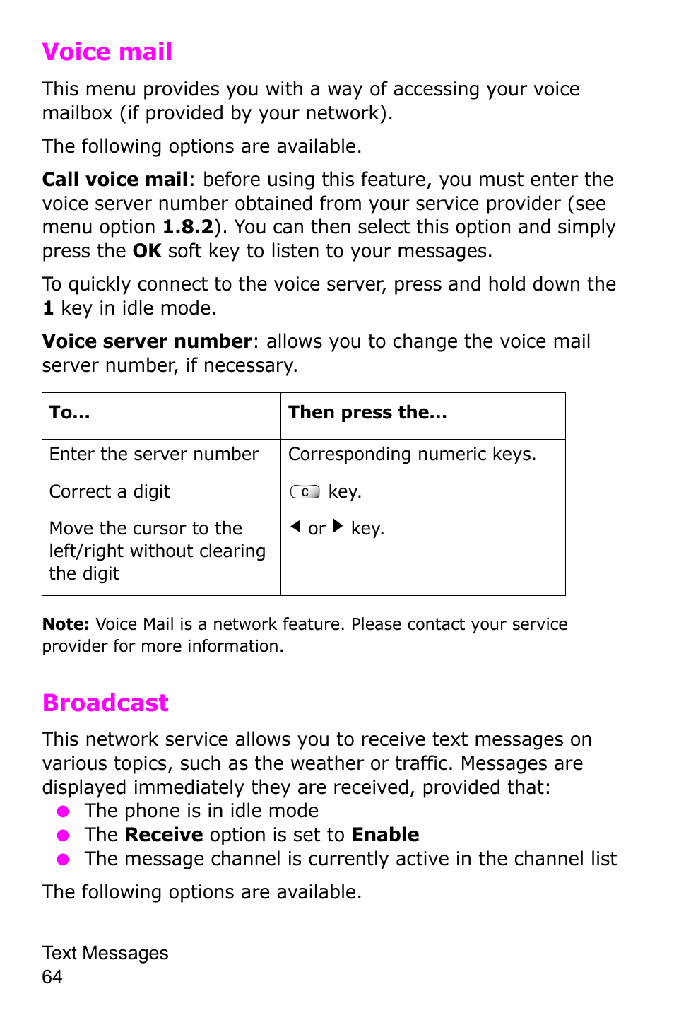 Voice mail, Broadcast | Samsung SGH-C225NBATMB User Manual | Page 64 / 162