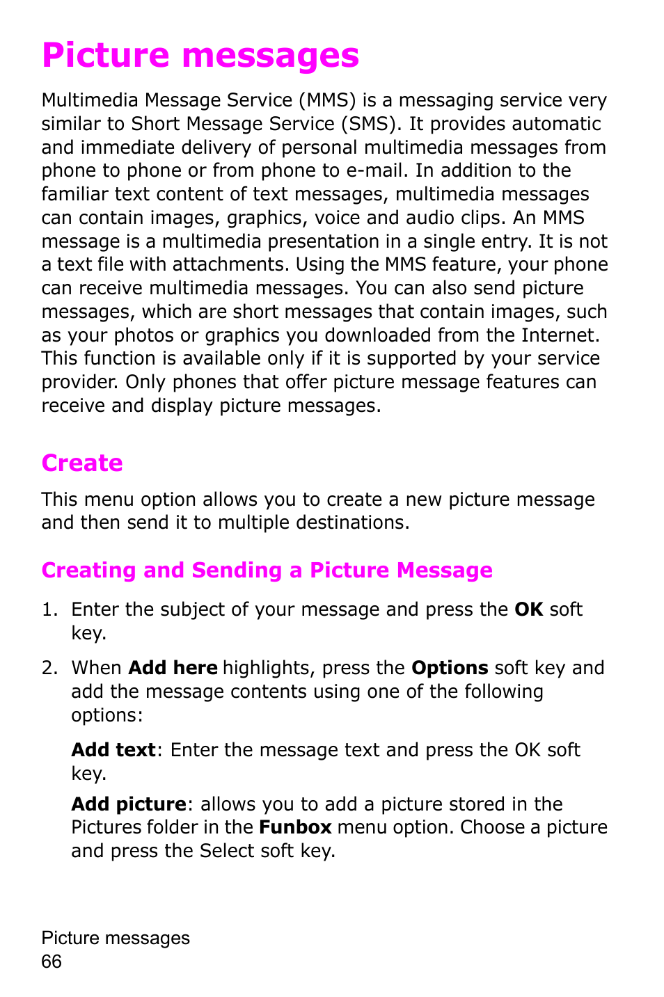 Picture messages, Create | Samsung SGH-C225NBATMB User Manual | Page 66 / 162