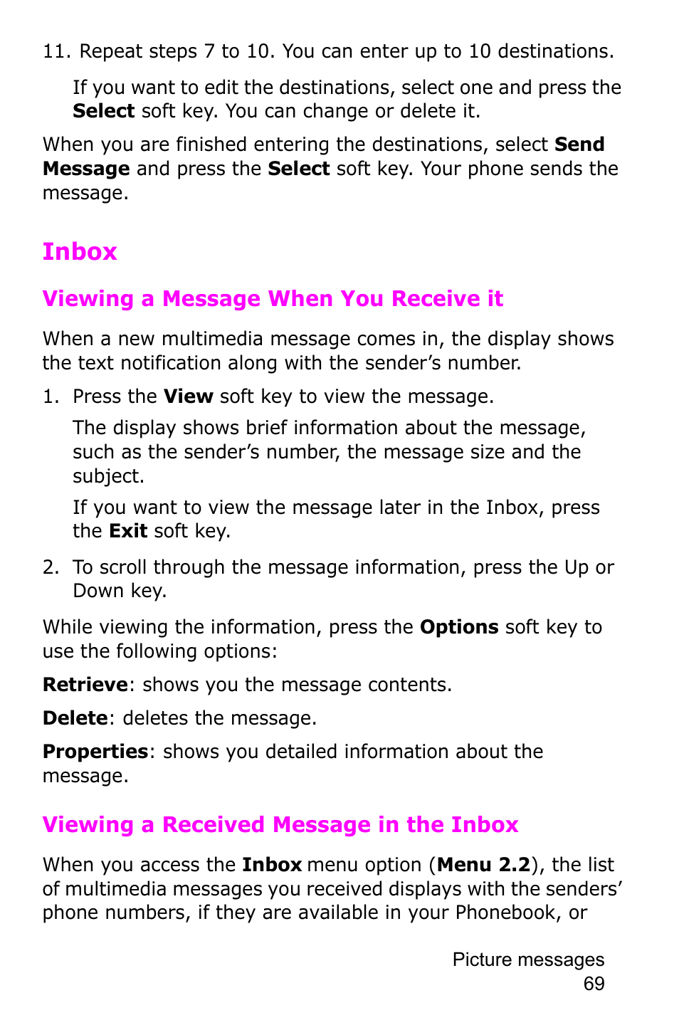 Inbox, Press the view soft key to view the message | Samsung SGH-C225NBATMB User Manual | Page 69 / 162