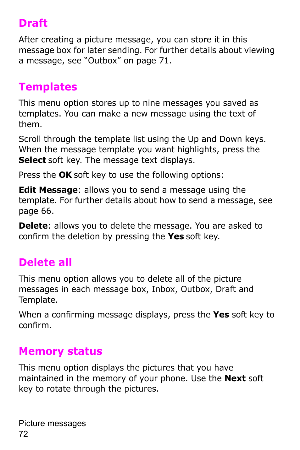 Draft, Templates, Delete all | Memory status | Samsung SGH-C225NBATMB User Manual | Page 72 / 162