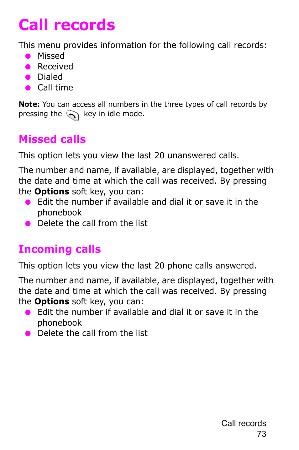 Call records, Missed calls, Incoming calls | Samsung SGH-C225NBATMB User Manual | Page 73 / 162