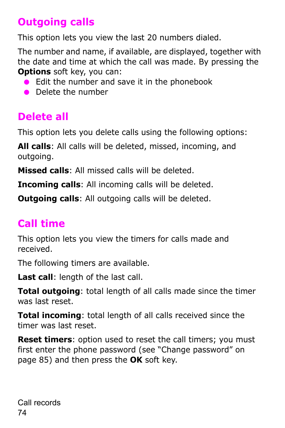 Outgoing calls, Delete all, Call time | Samsung SGH-C225NBATMB User Manual | Page 74 / 162