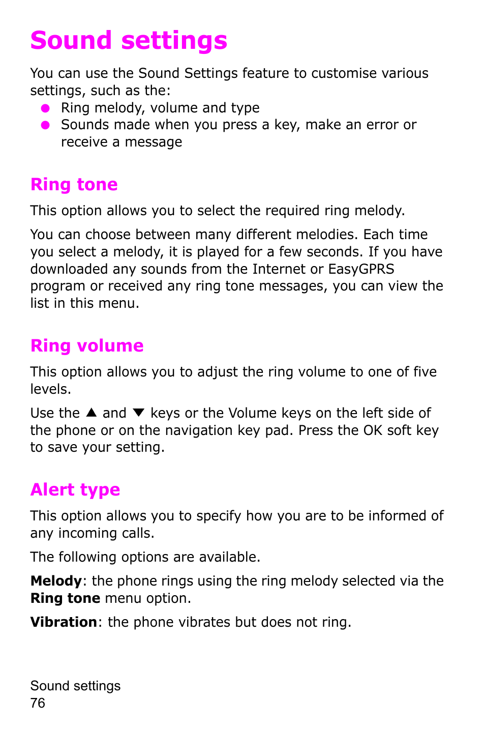 Sound settings, Ring tone, Ring volume | Alert type | Samsung SGH-C225NBATMB User Manual | Page 76 / 162