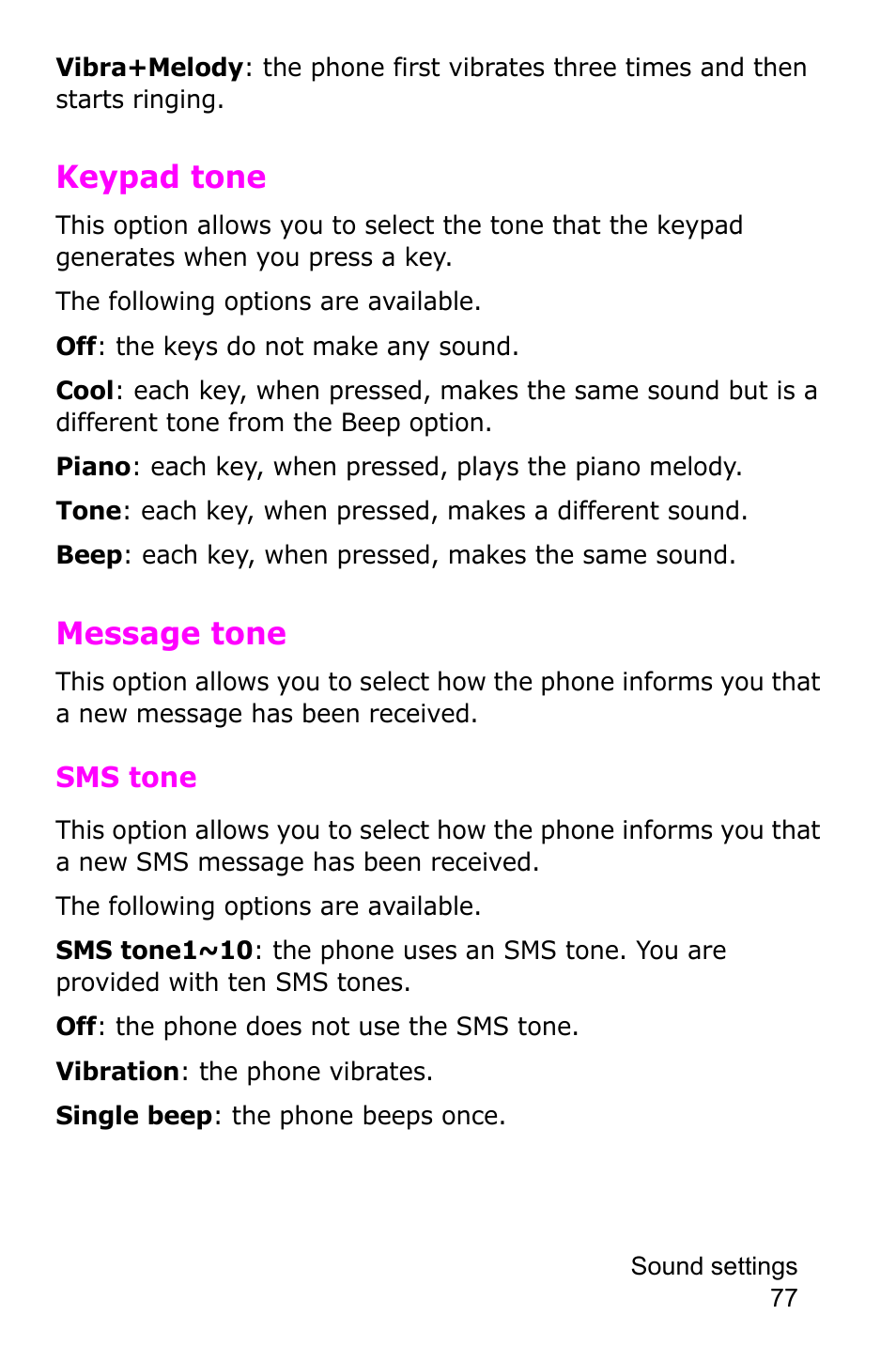 Keypad tone, Message tone | Samsung SGH-C225NBATMB User Manual | Page 77 / 162