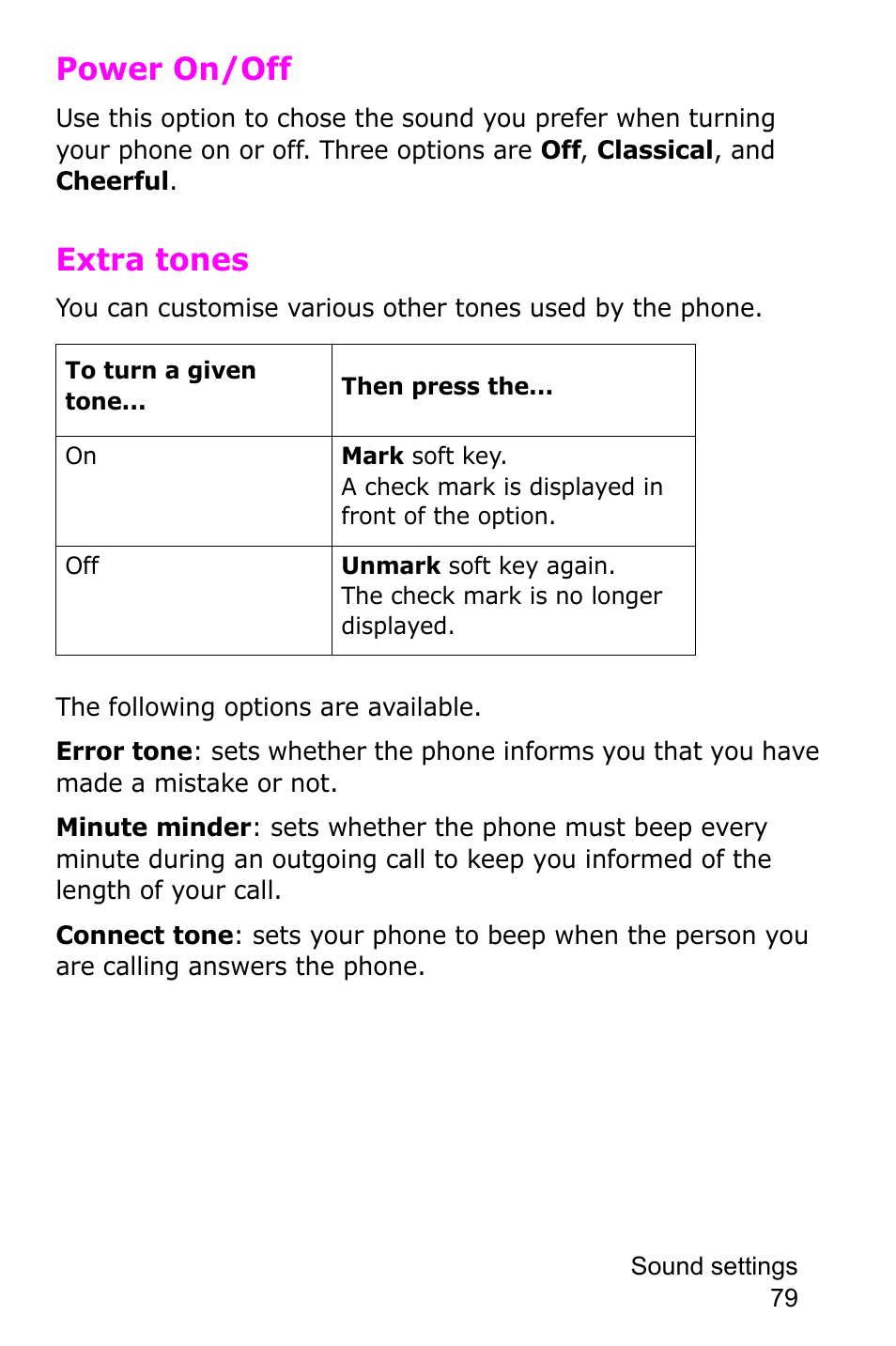 Power on/off, Extra tones | Samsung SGH-C225NBATMB User Manual | Page 79 / 162