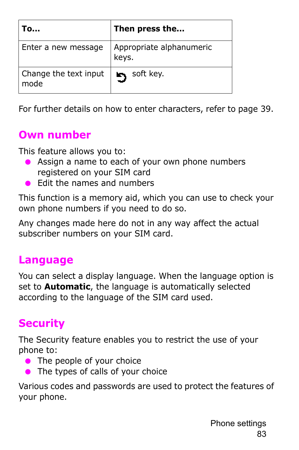 Own number, Language, Security | Samsung SGH-C225NBATMB User Manual | Page 83 / 162