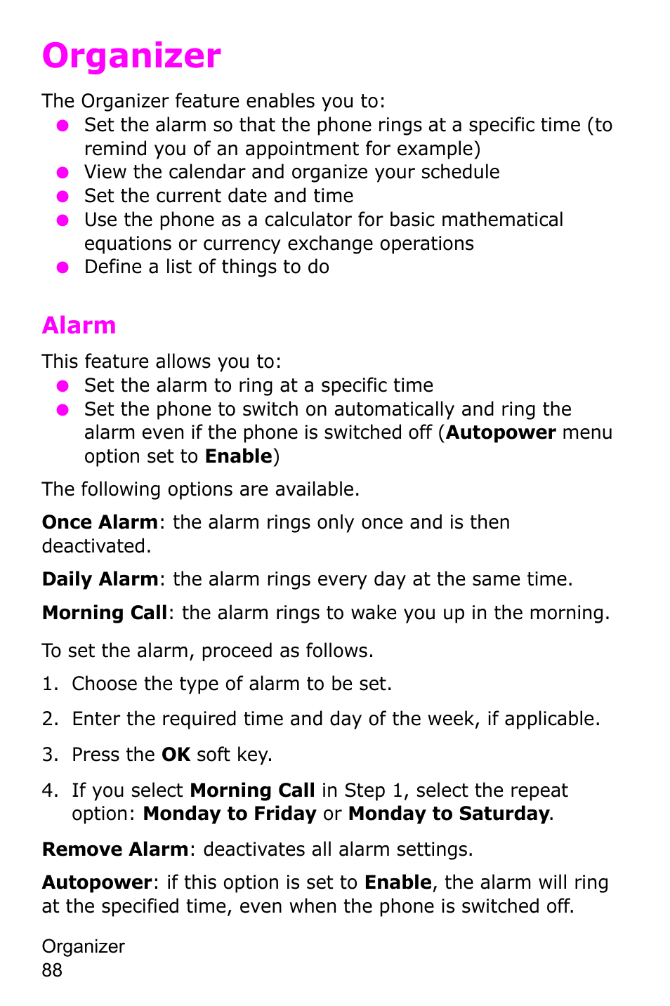 Organizer, Alarm, Choose the type of alarm to be set | Press the ok soft key | Samsung SGH-C225NBATMB User Manual | Page 88 / 162