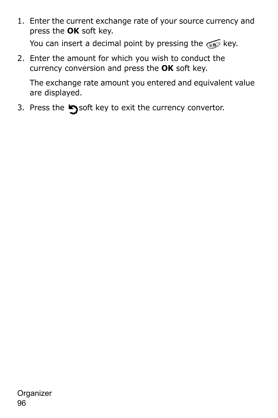 Press the soft key to exit the currency convertor | Samsung SGH-C225NBATMB User Manual | Page 96 / 162