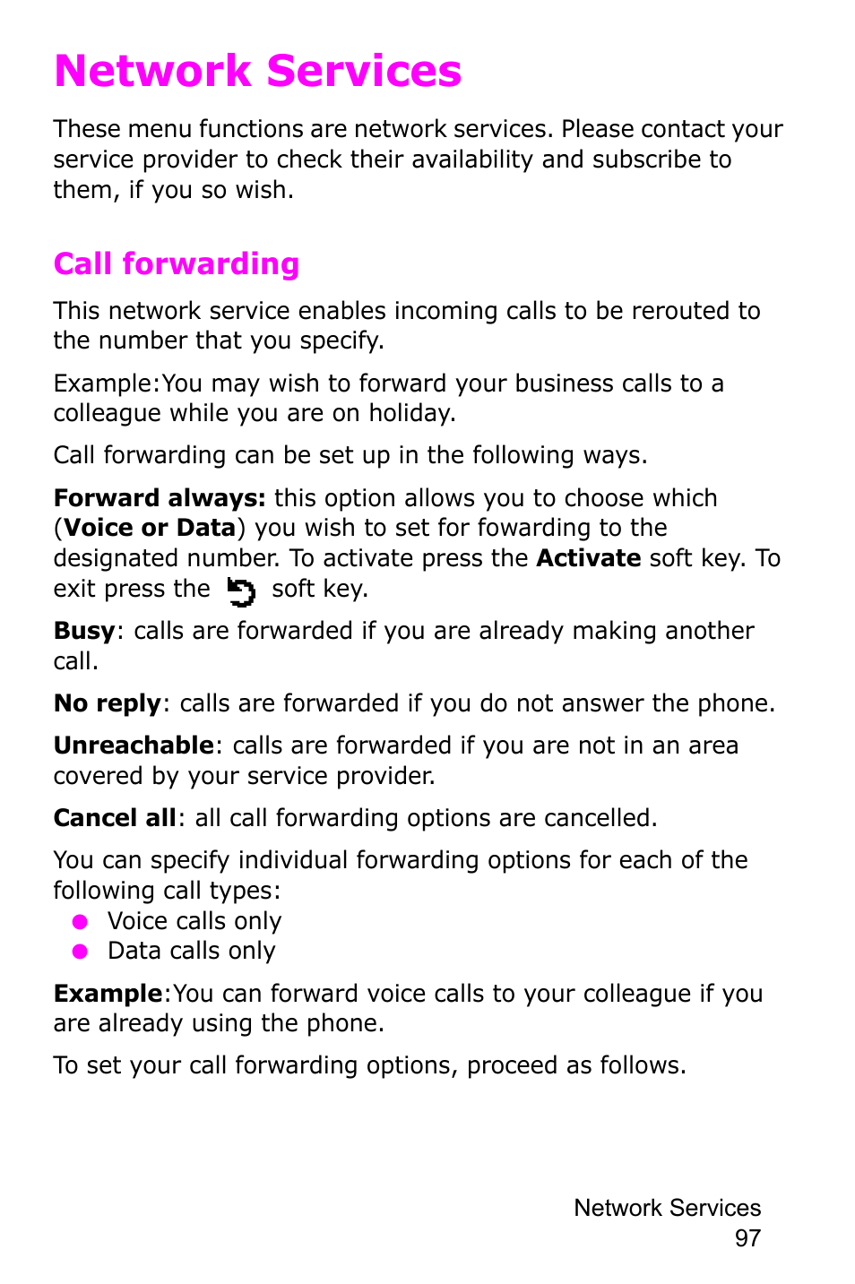 Network services, Call forwarding | Samsung SGH-C225NBATMB User Manual | Page 97 / 162