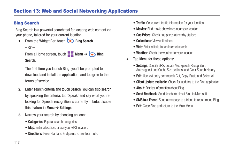 Section 13: web and social networking applications, Bing search | Samsung SCH-U370XKOVZW User Manual | Page 121 / 160