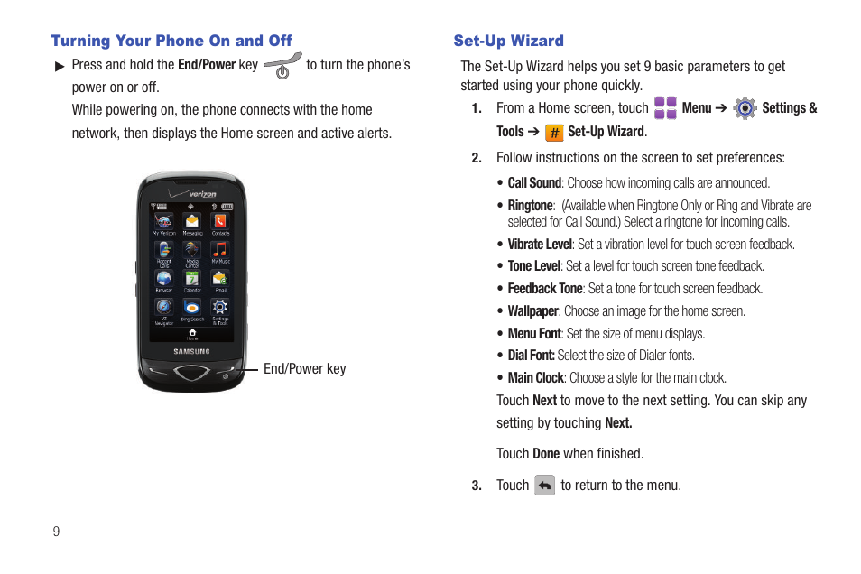 Turning your phone on and off, Set-up wizard, Turning your phone on and off set-up wizard | Samsung SCH-U370XKOVZW User Manual | Page 13 / 160