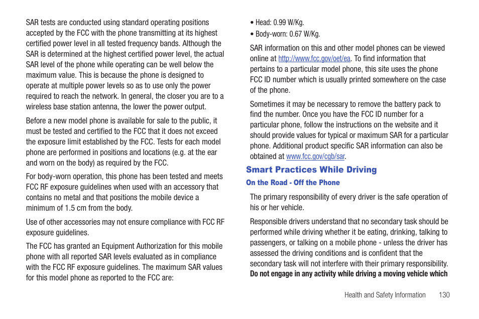 Smart practices while driving | Samsung SCH-U370XKOVZW User Manual | Page 134 / 160