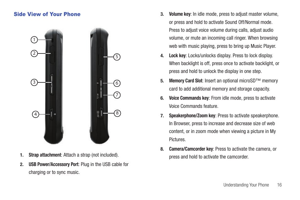 Side view of your phone | Samsung SCH-U370XKOVZW User Manual | Page 20 / 160