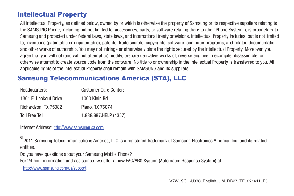 Intellectual property, Samsung telecommunications america (sta), llc | Samsung SCH-U370XKOVZW User Manual | Page 3 / 160