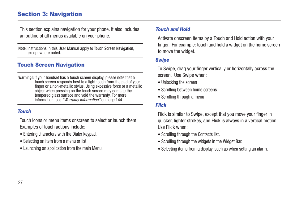 Section 3: navigation, Touch screen navigation | Samsung SCH-U370XKOVZW User Manual | Page 31 / 160