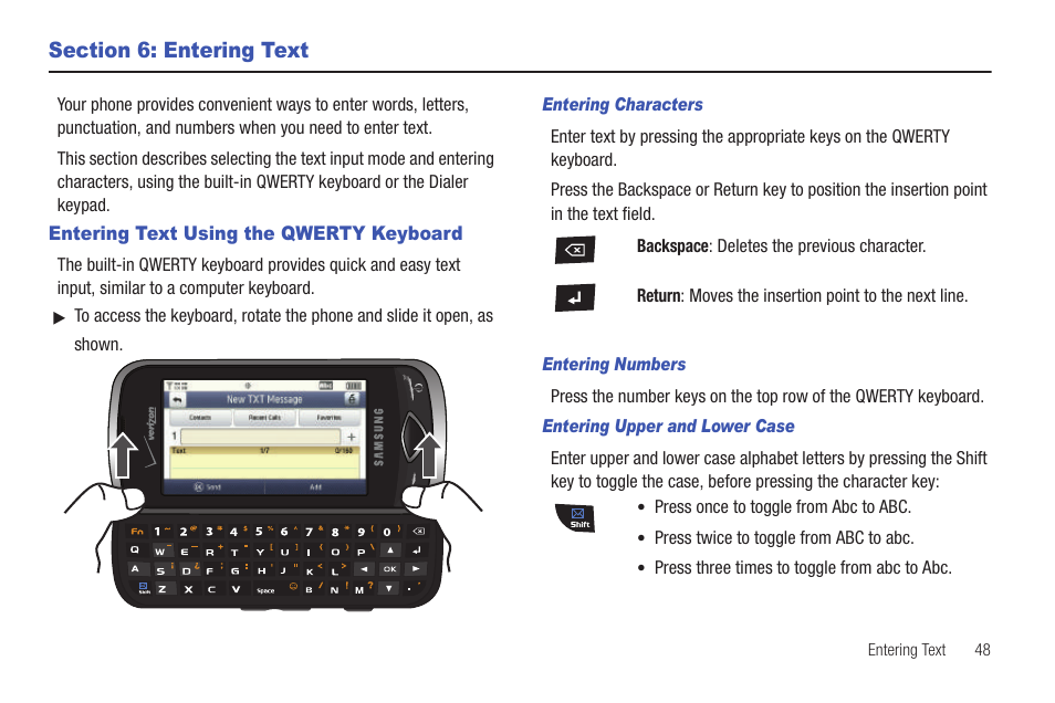 Section 6: entering text, Entering text using the qwerty keyboard | Samsung SCH-U370XKOVZW User Manual | Page 52 / 160