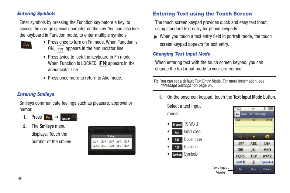 Entering text using the touch screen | Samsung SCH-U370XKOVZW User Manual | Page 53 / 160