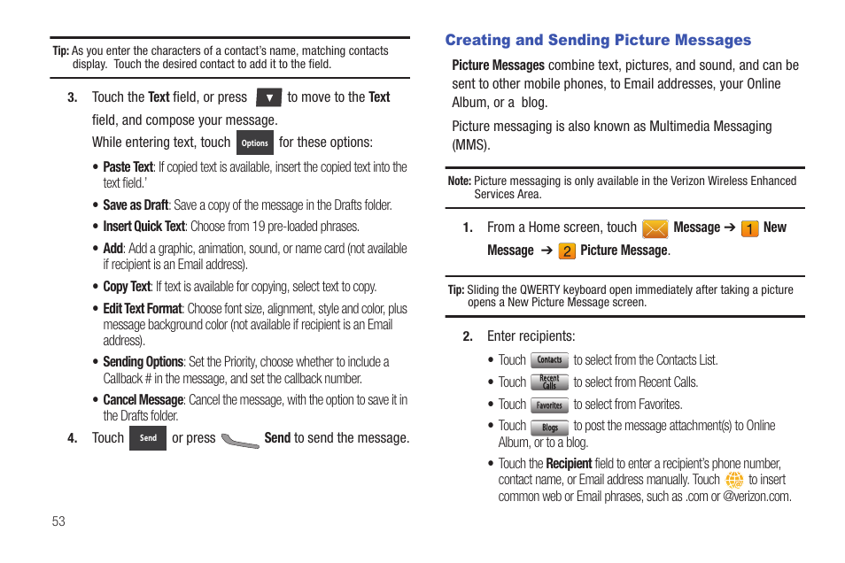 Creating and sending picture messages | Samsung SCH-U370XKOVZW User Manual | Page 57 / 160