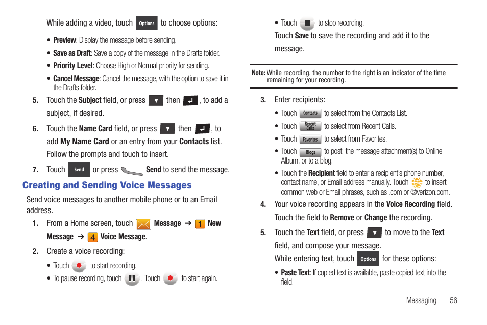 Creating and sending voice messages | Samsung SCH-U370XKOVZW User Manual | Page 60 / 160