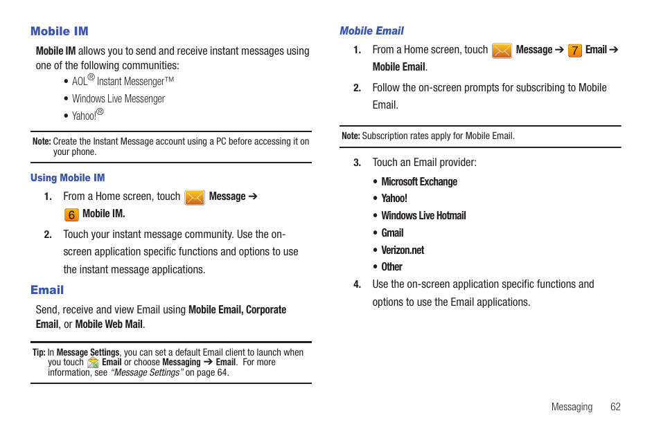 Mobile im, Email, Mobile im email | Samsung SCH-U370XKOVZW User Manual | Page 66 / 160