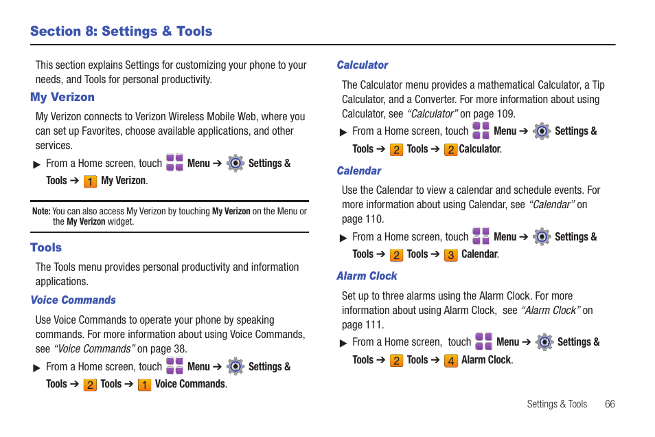 Section 8: settings & tools, My verizon, Tools | My verizon tools | Samsung SCH-U370XKOVZW User Manual | Page 70 / 160