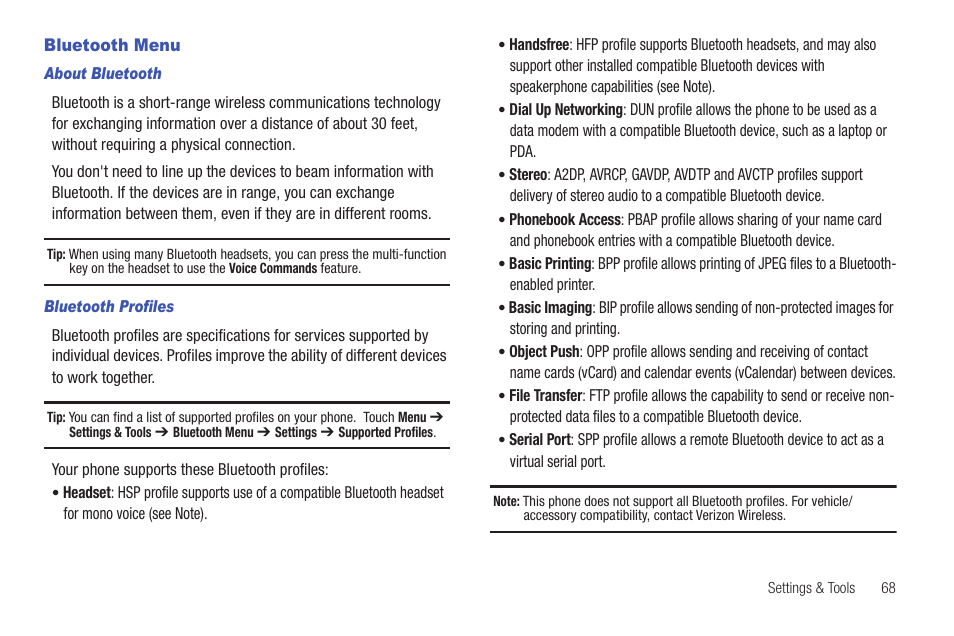 Bluetooth menu | Samsung SCH-U370XKOVZW User Manual | Page 72 / 160