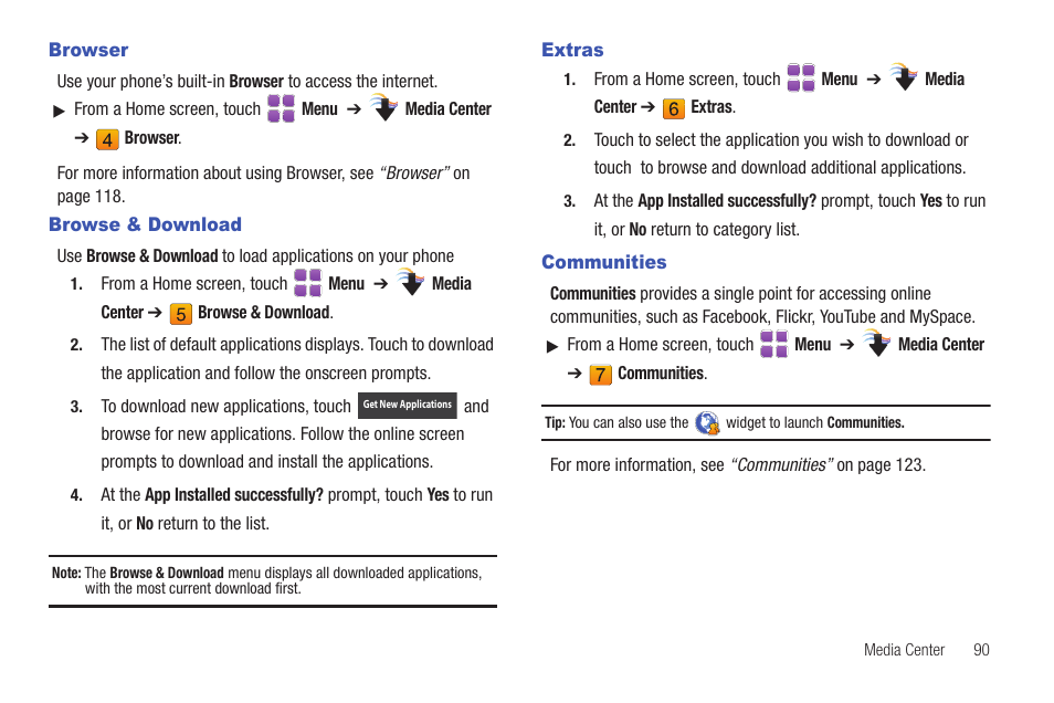 Browser, Browse & download, Extras | Communities, Browser browse & download extras communities | Samsung SCH-U370XKOVZW User Manual | Page 94 / 160