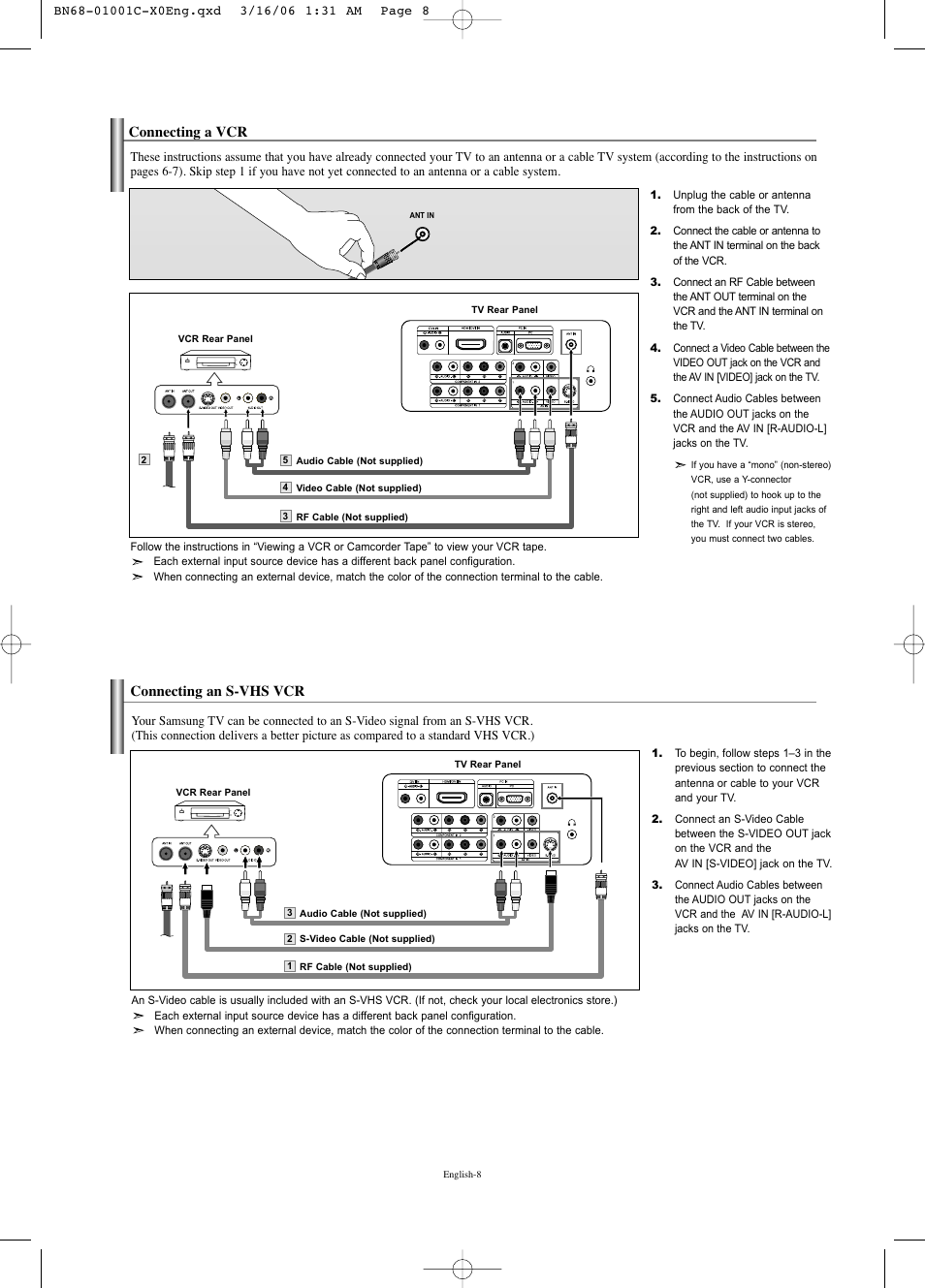 Connecting a vcr, Connecting an s-vhs vcr | Samsung LNS2341WX-XAA User Manual | Page 10 / 80