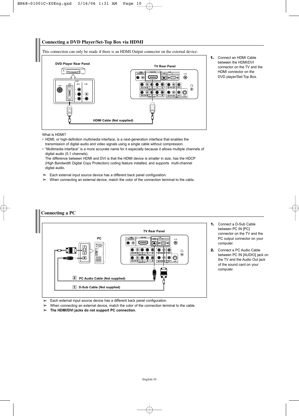 Connecting a dvd player/set-top box via hdmi, Connecting a pc | Samsung LNS2341WX-XAA User Manual | Page 12 / 80
