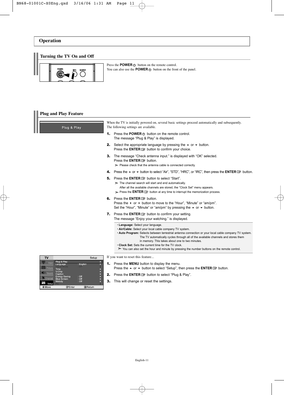 Operation, Turning the tv on and off, Plug and play feature | Samsung LNS2341WX-XAA User Manual | Page 13 / 80