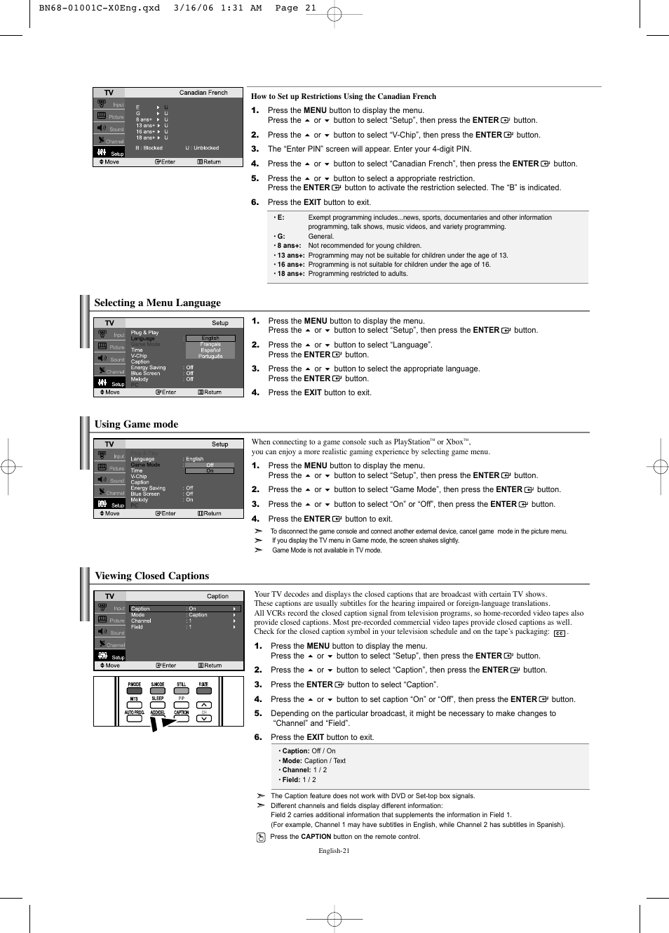 Selecting a menu language, Using game mode, Viewing closed captions | Samsung LNS2341WX-XAA User Manual | Page 23 / 80