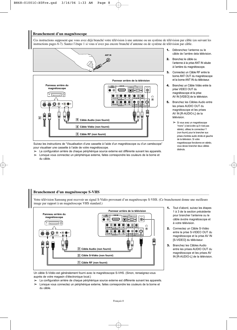 Branchement d’un magnétoscope, Branchement d’un magnétoscope s-vhs | Samsung LNS2341WX-XAA User Manual | Page 36 / 80