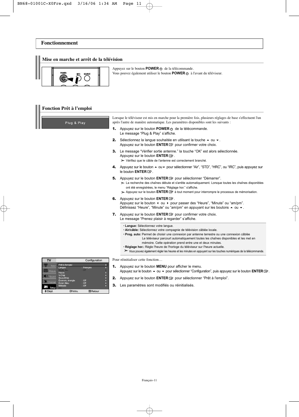 Fonctionnement, Mise en marche et arrêt de la télévision, Fonction prêt à l’emploi | Samsung LNS2341WX-XAA User Manual | Page 39 / 80